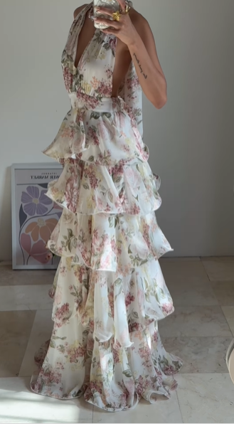 Glamorous Chiffon Print Floral A Line Backless Prom Dress,V Neck Halter Layered Evening Dress Y8501