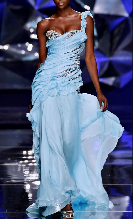 Glamorous One Shoulder Chiffon Beaded Ruffle Prom Dress Light Blue Mermaid Long Party Dress SP4270
