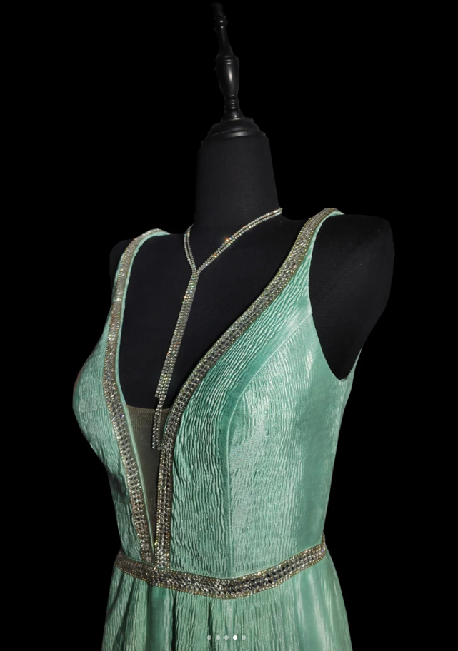 Sexy V Neck Green Satin Beaded Mermaid Party Gown Backless Long Prom Dress SP442