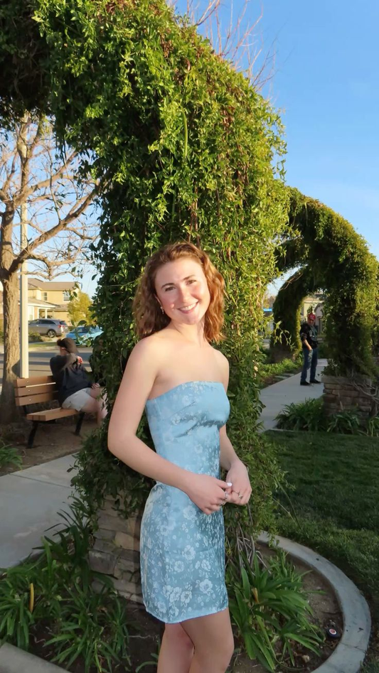 Pretty Blue Strapless Satin Printed Floral Short 9th Grade Homecoming Dress,Formal 17th Birthday Outfits SP2949