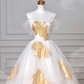 Gorgeous Gold Print Tulle Off The Shoulder Ball Gown,A Line Prom Dress Evening Dress Y8618