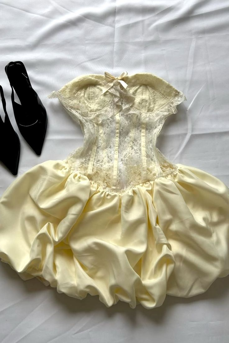 Cute Yellow Lace Satin A Line Short Prom Dress,Strapless Short 6th Grade Homecoming Dress SP3354