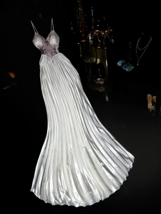 Stylish Silver Gray Spaghetti Straps Satin Pleated Beaded Mermaid Prom Dress Long Evening Dress SP875