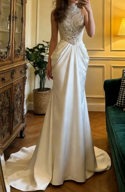 Gorgeous Satin Beading Pleated Birthday Party Dress White Mermaid Long Prom Dress SP3863