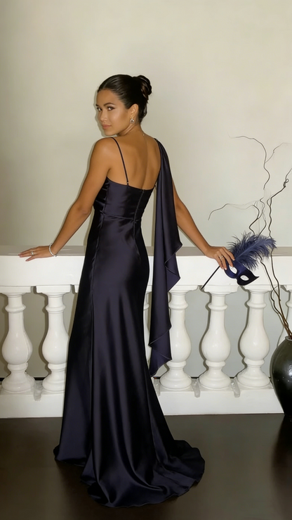 Classy V Neck Spaghetti Straps Dark Purple Satin Mermaid Long Wedding Guest Dress Formal Party Dress SP1537