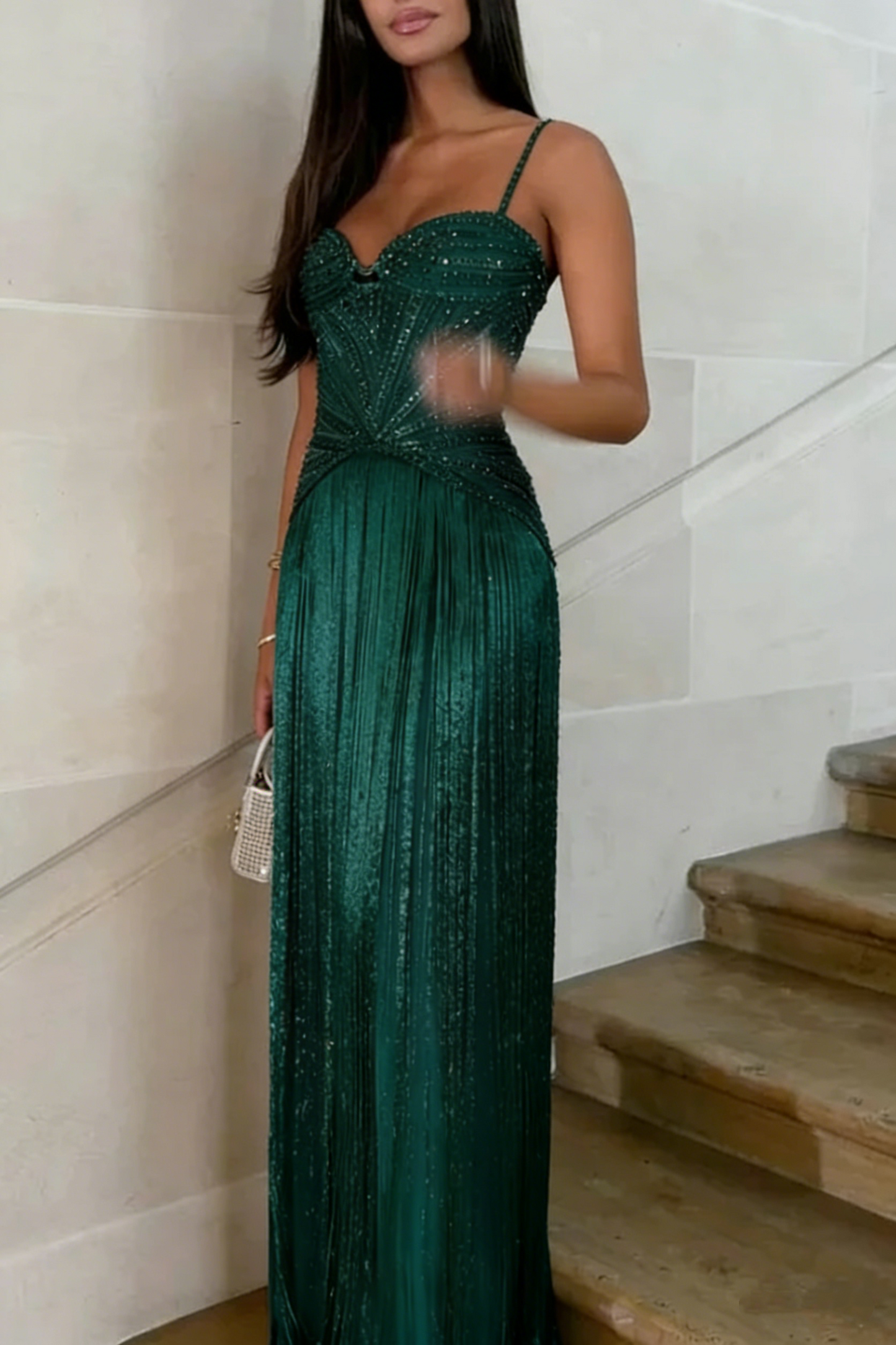 Luxurious Spaghetti Straps Sequin Beaded Tassel Gold Long Evening Dress Prom Gown SP792