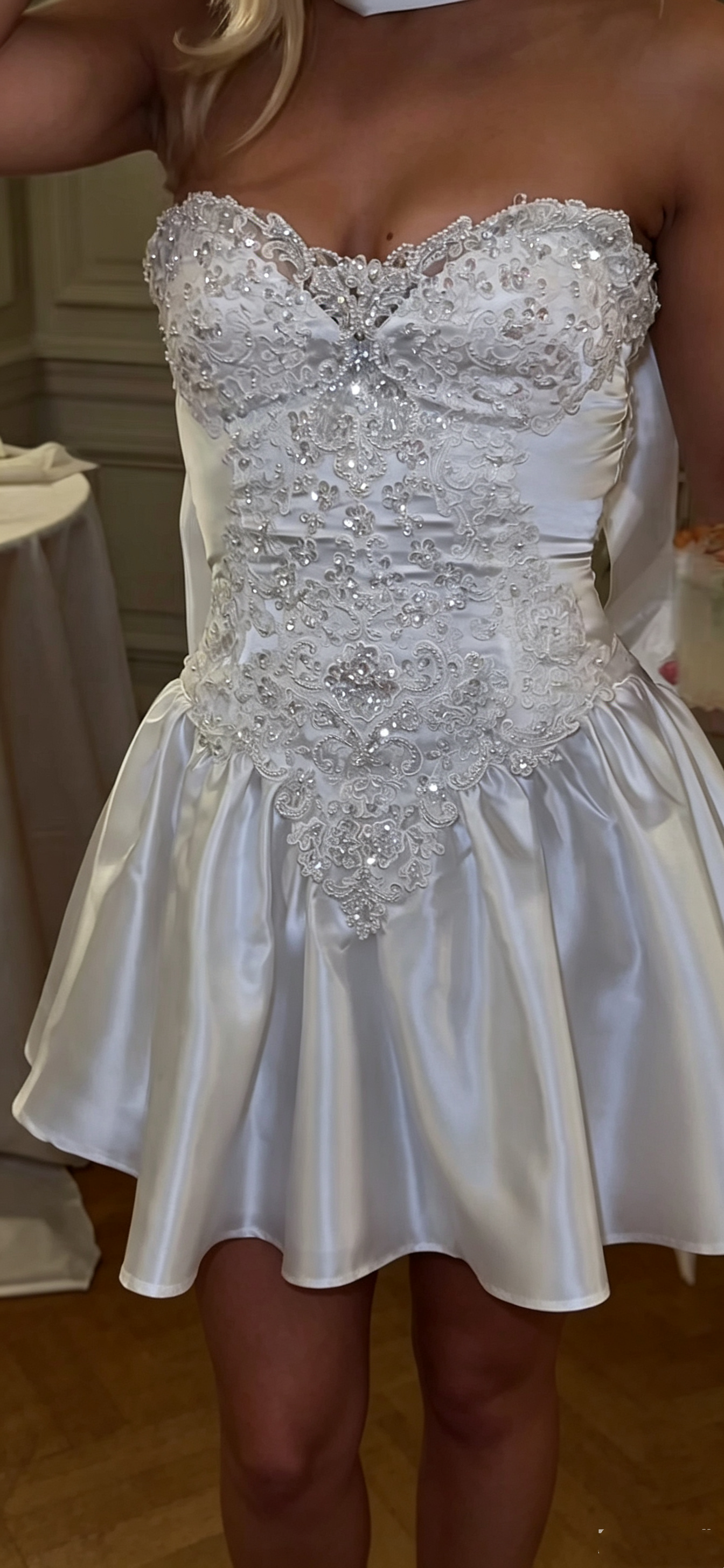 Elegant Strapless White Satin Appliques Beaded A Line Short Graduation Homecoming Dress SP2996