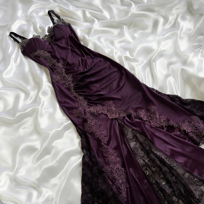 Vintage Navy Blue Satin Lace Appliques Mermaid Evening Dress Prom Dress Y8497