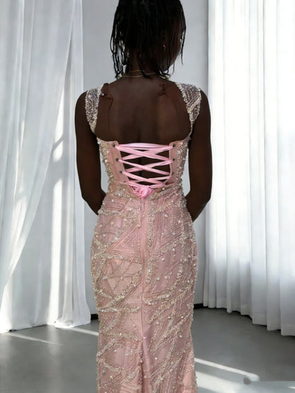 Princess Pink Spaghetti Straps Satin Tulle Sequin Beaded Mermaid Long Evening Dress Birthday Prom Gowns SP1813