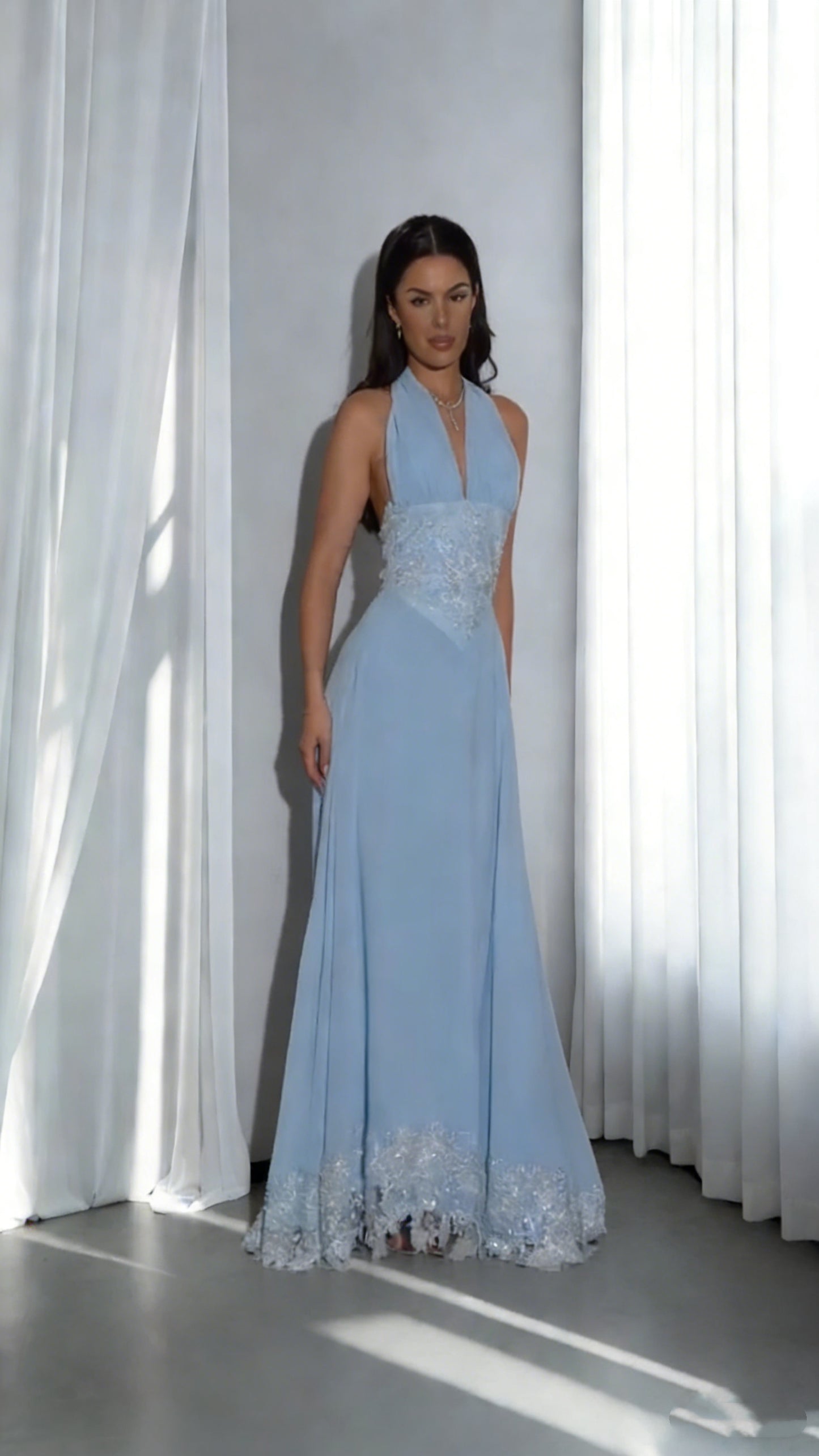 Classy Blue Halter Chiffon Lace Beaded Mermaid Evening Dress Backless Long Prom Gowns SP1814