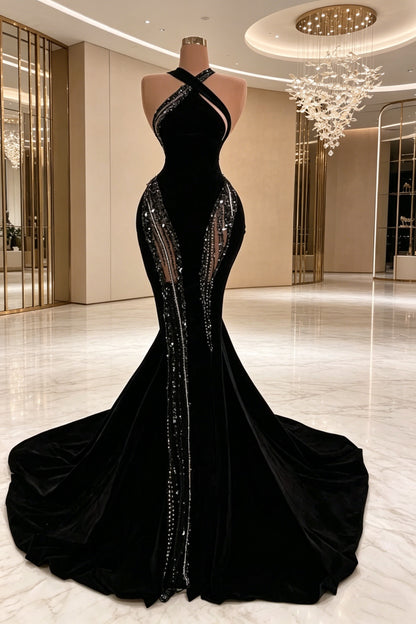 Sexy Black Mermaid Long Prom Dress with Train,Chic Black Evening Gown Y4178