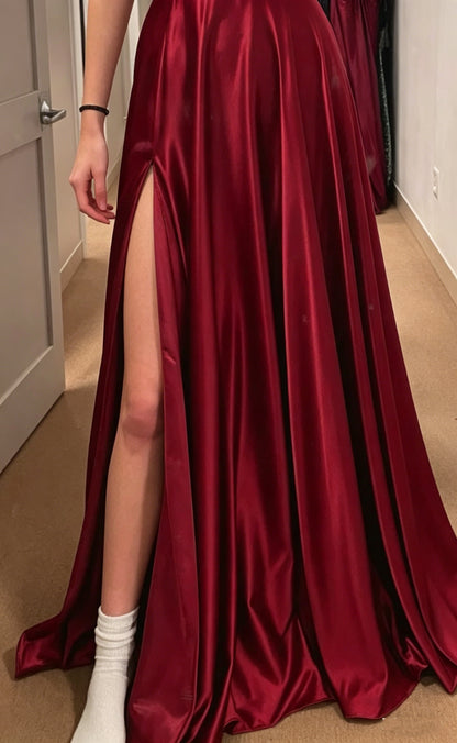 Burgundy A-line Floor-Length Satin Solid Color Prom Dresses Backless Sleeveless Elegant Senior Prom Dress Y4388