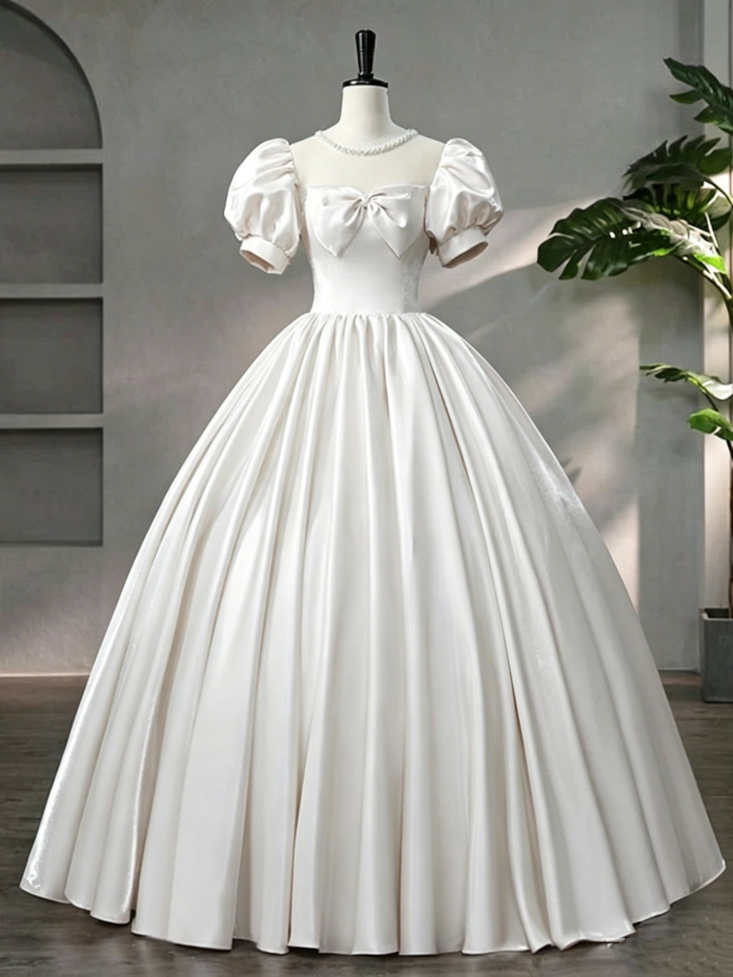Beautiful Pink Scoop Neck Satin Floor Length Prom Dress, A-Line Short Sleeve Evening Dress with Bow Y6082