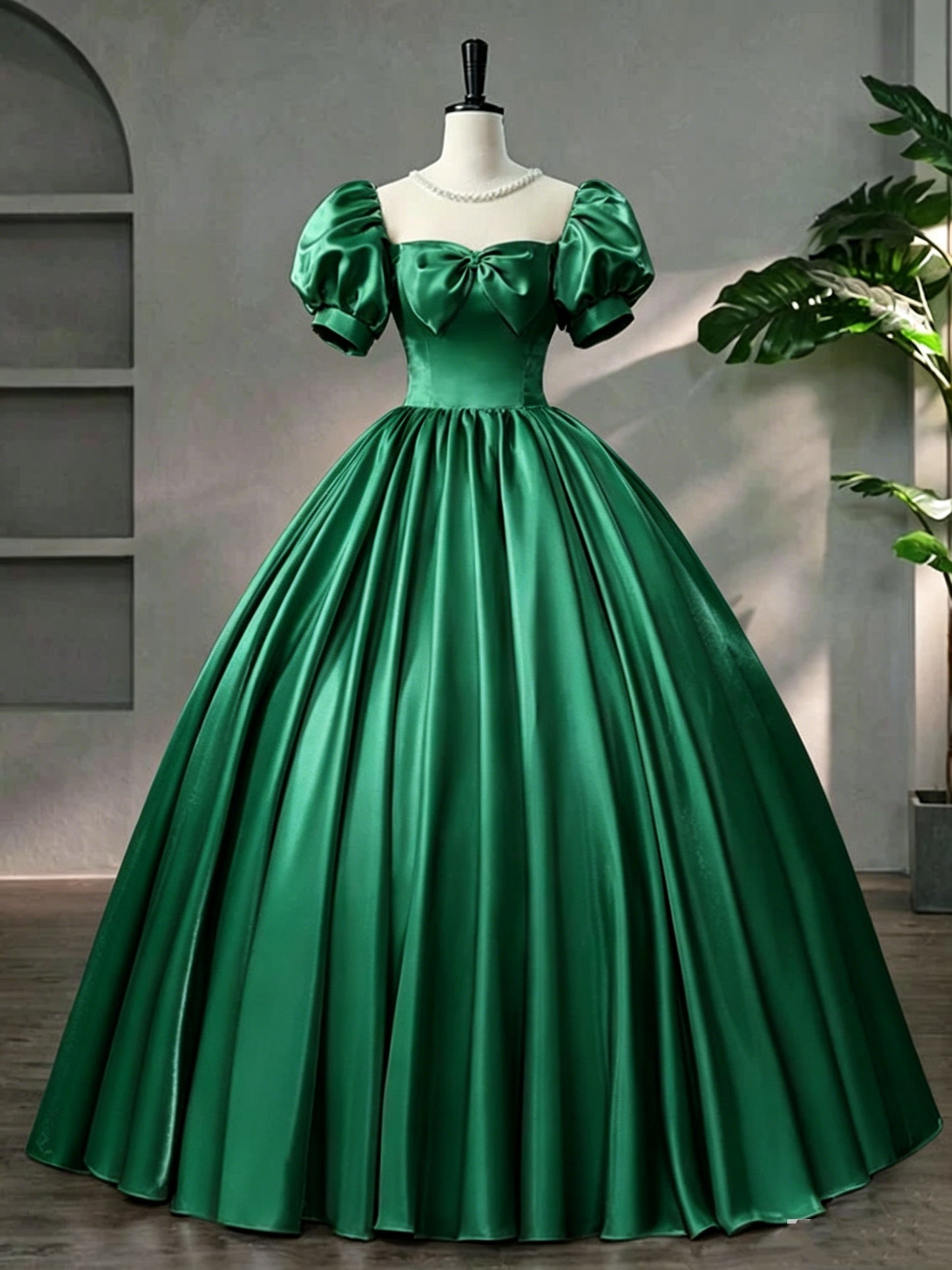 Beautiful Pink Scoop Neck Satin Floor Length Prom Dress, A-Line Short Sleeve Evening Dress with Bow Y6082