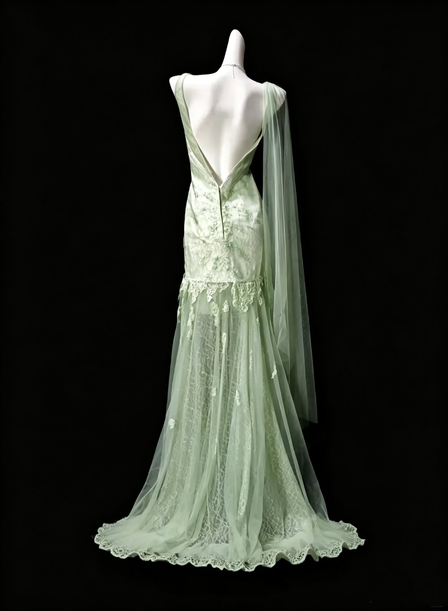 Pretty Green V Neck Tulle Lace Appliques Mermaid Party Dress Long Wedding Guest Dress SP3192