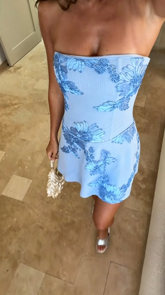 Pretty Blue Strapless Satin Floral Sheath Short Homecoming Dress Birthday Outfits SP3815
