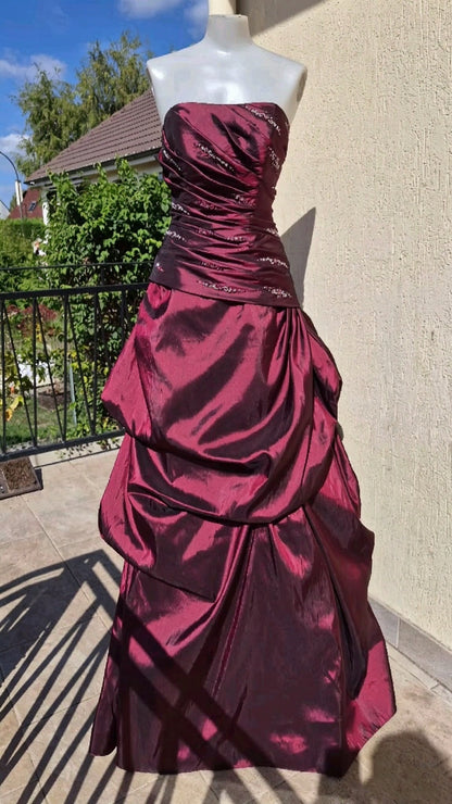 Vintage Burgundy Strapless Satin Pleated Beaded Long Party Dress Evening Gown SP4061