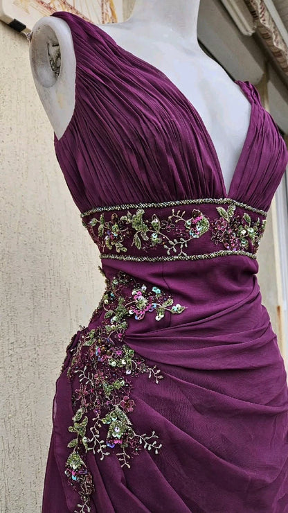 Vintage Purple V Neckline Chiffon Pleated Beaded A Line Long Party Dress Birthday Prom Dress SP4062