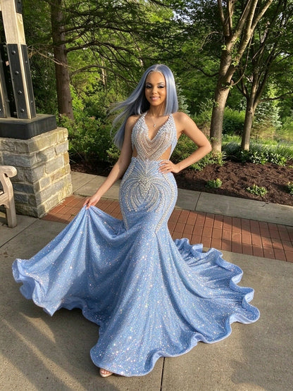 18 birthday outfit evening dress custom made black girl mermaid light blue prom gowns  Y887