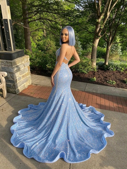 18 birthday outfit evening dress custom made black girl mermaid light blue prom gowns  Y887