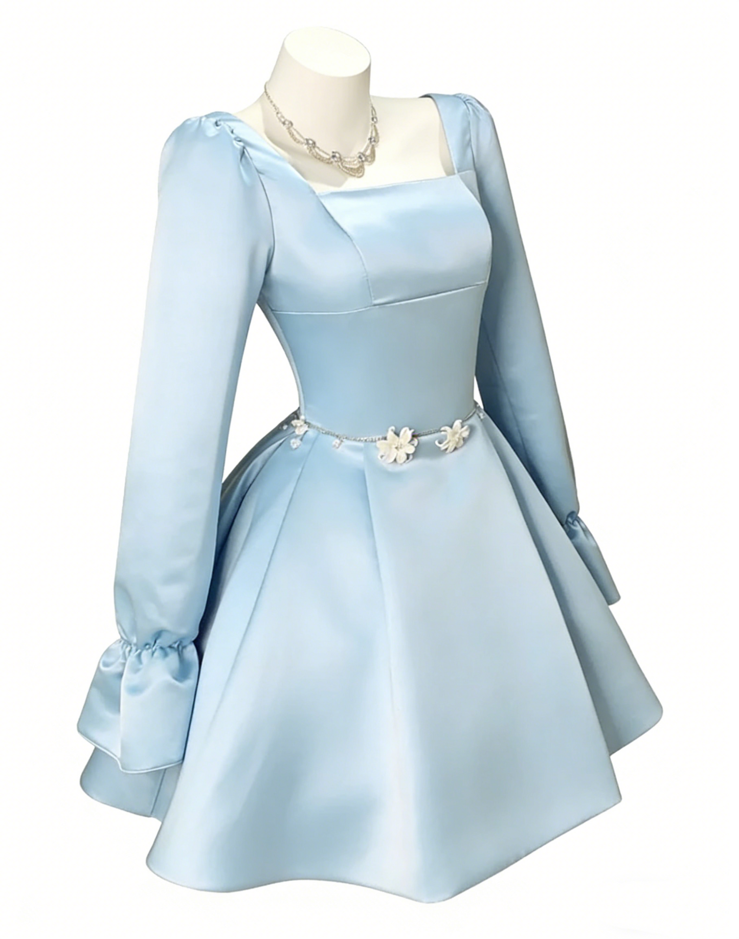Cute Blue Square Neck Satin A Line Short Homecoming Dress Birthday Outfits SP1916