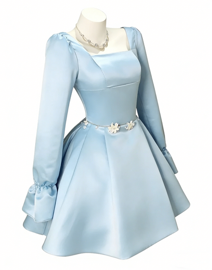 Cute Blue Square Neck Satin A Line Short Homecoming Dress Birthday Outfits SP1916