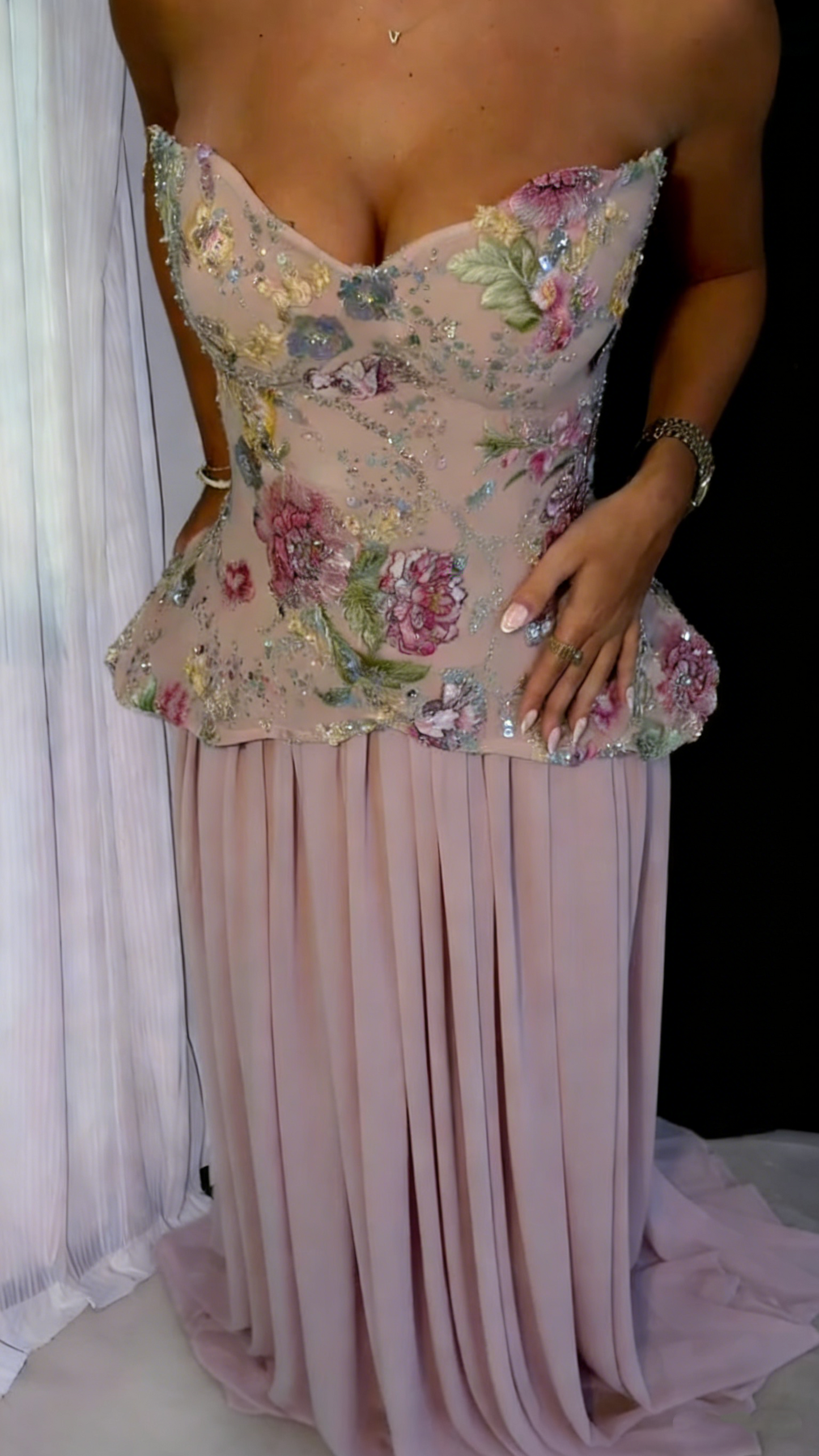 Pretty Strapless Embroidered Floral Sequin Chiffon Mermaid Long Party Dress Pink 20th Birthday Outfits SP1831