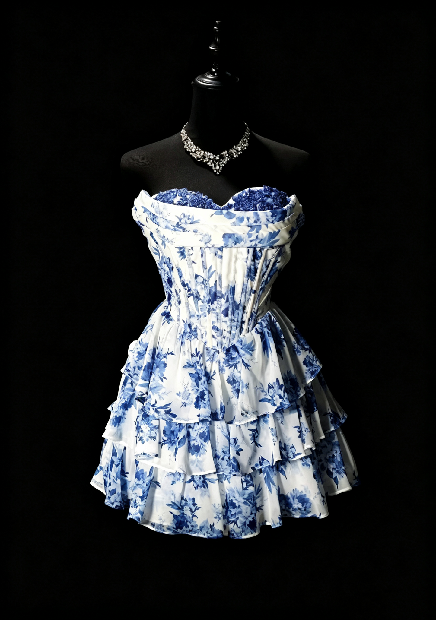 Unique Blue Chiffon Print Floral Layered A Line Short Graduation Homecoming Dress Cocktail Dress SP3160
