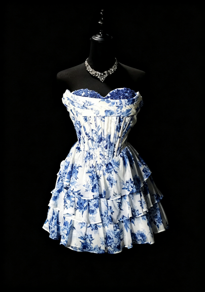 Unique Blue Chiffon Print Floral Layered A Line Short Graduation Homecoming Dress Cocktail Dress SP3160