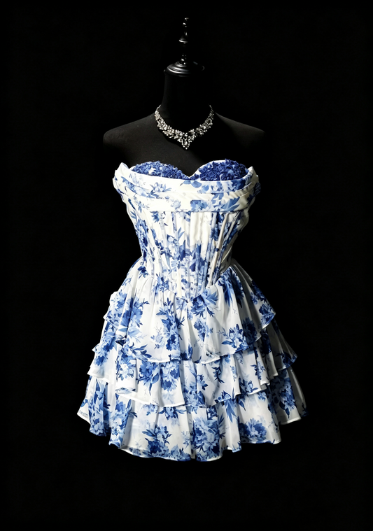 Unique Blue Chiffon Print Floral Layered A Line Short Graduation Homecoming Dress Cocktail Dress SP3160
