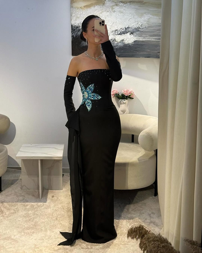 Gorgeous Black Strapless Satin Sheath Beaded Long Evening Dress Birthday Prom Gown SP1013