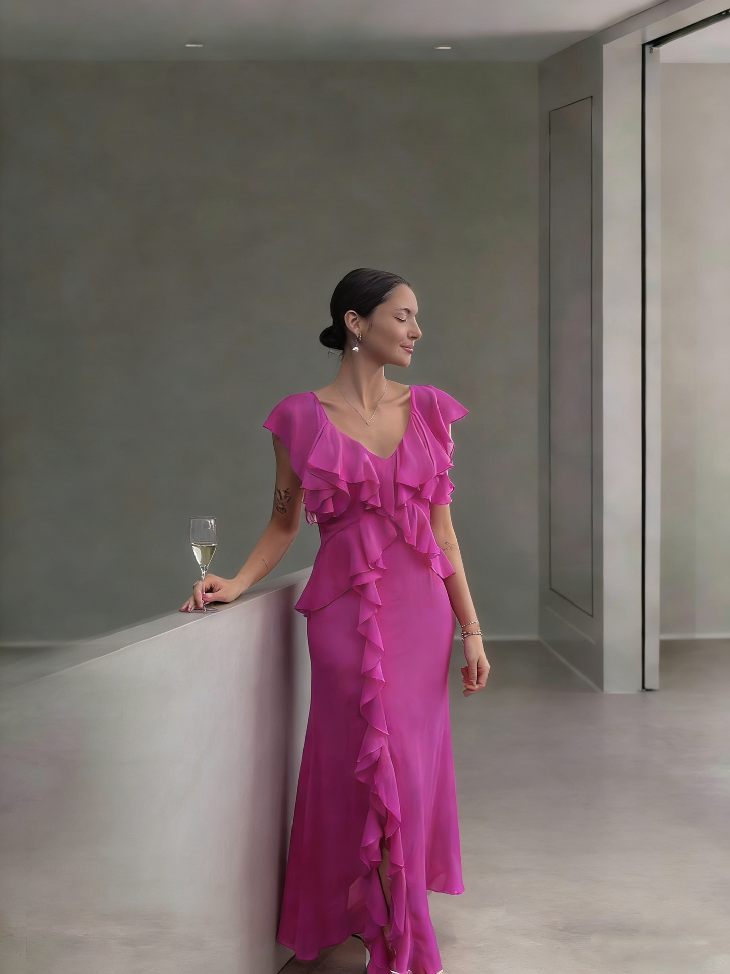 Classy V Neck Fuchsia Chiffon Ruffle Mermaid Long Party Dress Birthday Dress SP1835