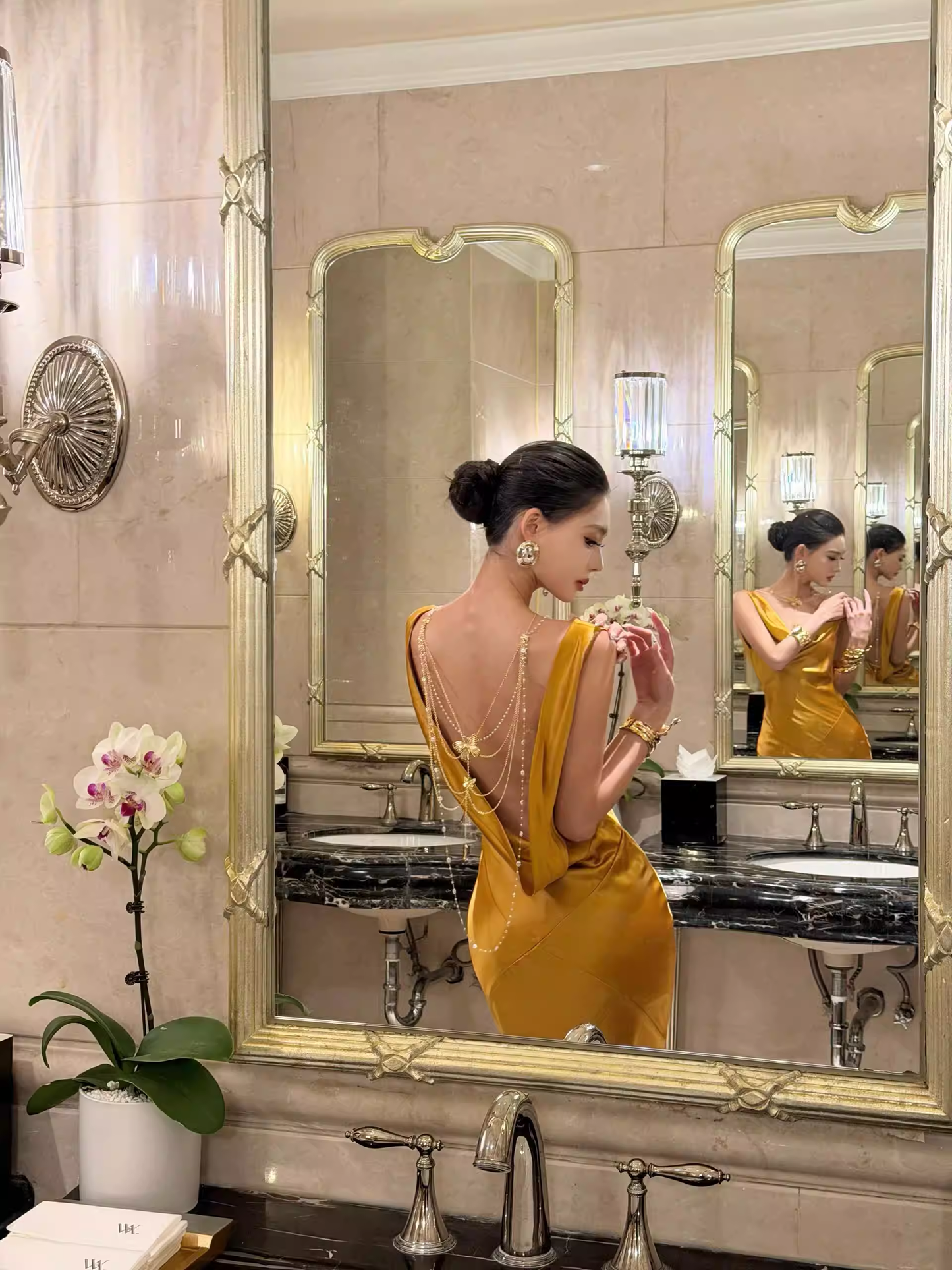 Stylish Gold Satin Mermaid Backless Long Evening Dress Formal 20th Birthday Outfits SP2030