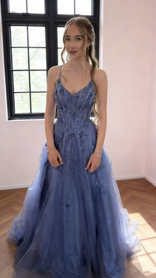Elegant Blue Tulle Sequin Appliques Long Birthday Party Dress Prom Gown  SP1722