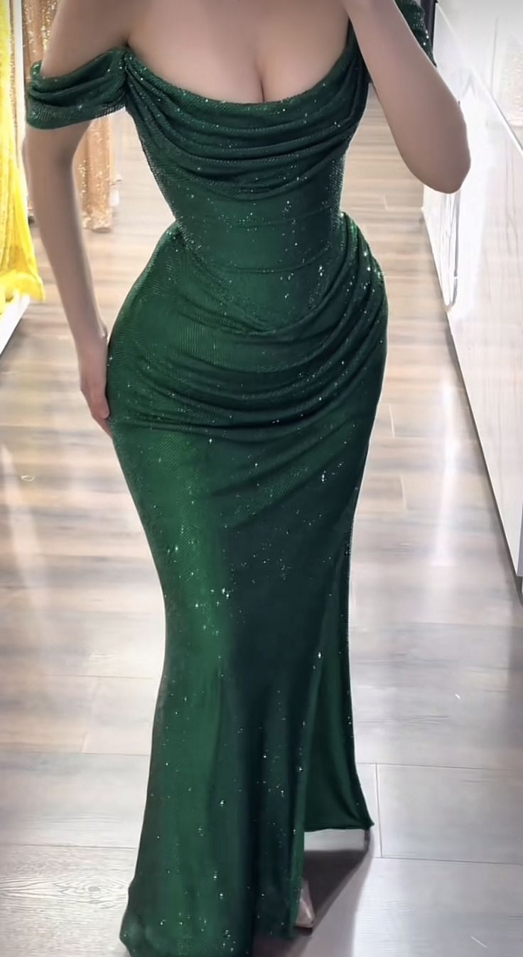 Fashion Green Sequin Pleated Mermaid Long Party Dress Off The Shoulder Birthday Prom Dress SP2167