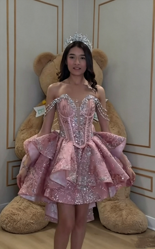 Glamorous Pink Satin Sequin Beaded Short 7th Grade Homecoming Dress,Off The Shoulder A Line Mini Birthday Dress SP2859