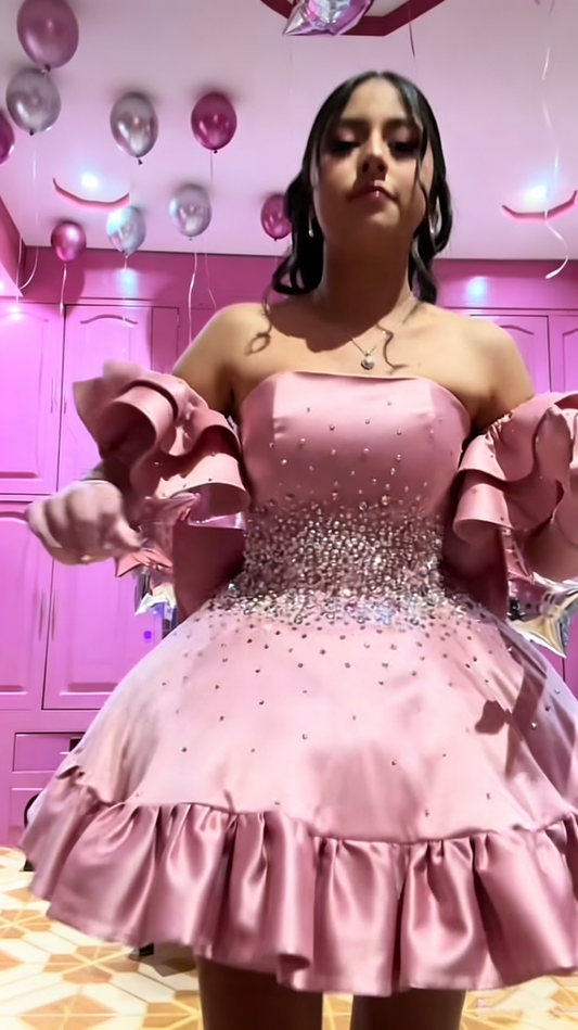 Sweet Off The Shoulder Pink Satin Beaded A Line Short Graduation Homecoming Dress Cocktail Dress SP2860