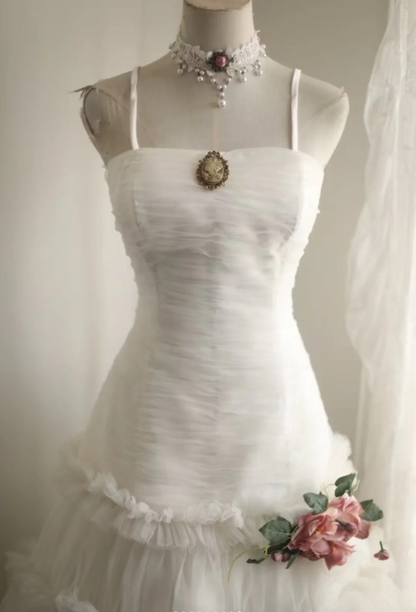 Pretty Spaghetti Straps White Tulle Long Wedding Dress With 3D Flowers SP751