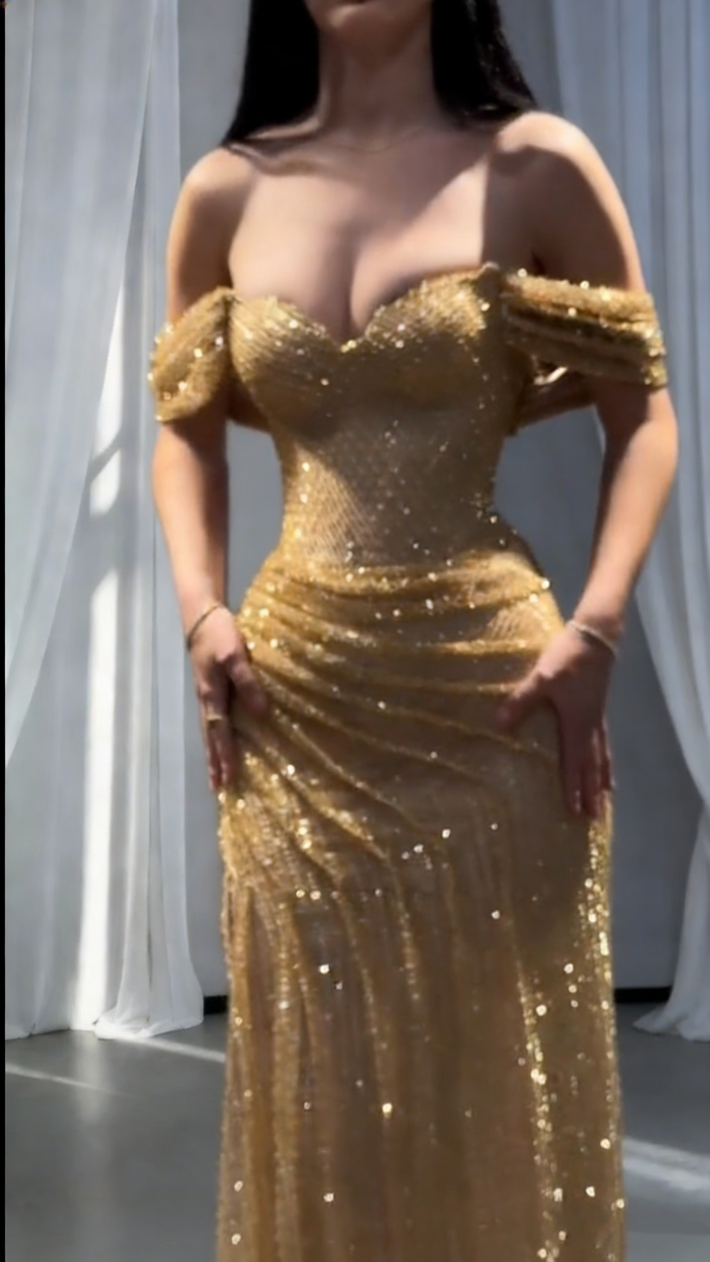 Glitter Gold Off The Shoulder Sequin Mermaid Slit Evening Dress Long Birthday Party Dress SP1723