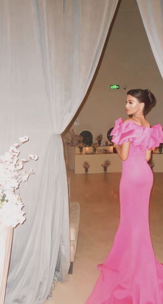 Gorgeous Off The Shoulder Pink Satin Mermaid Evening Dress Formal Long Birthday Outfits SP602