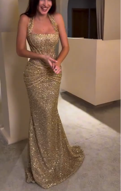 Sparkly Champagne Gold sequin Mermaid Long Party Dress,Halter Long Wedding Guest Dress SP3410