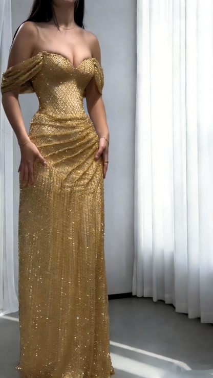 Glitter Gold Off The Shoulder Sequin Mermaid Slit Evening Dress Long Birthday Party Dress SP1723