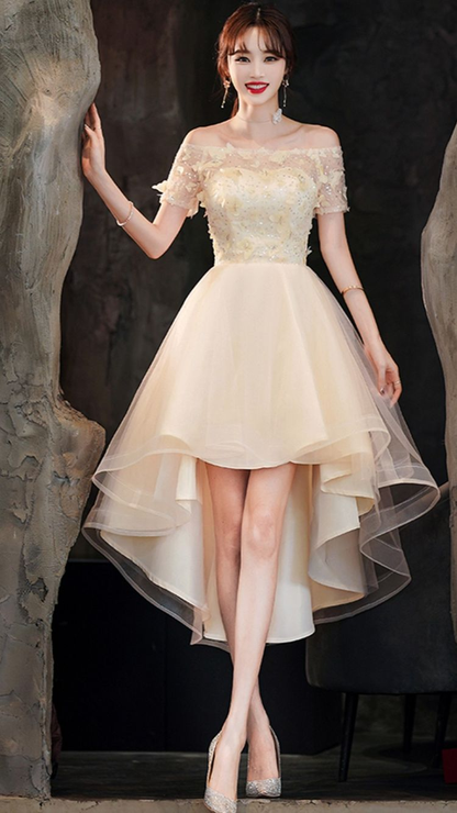 Champagne tulle high low prom dress champagne formal dress Y1937