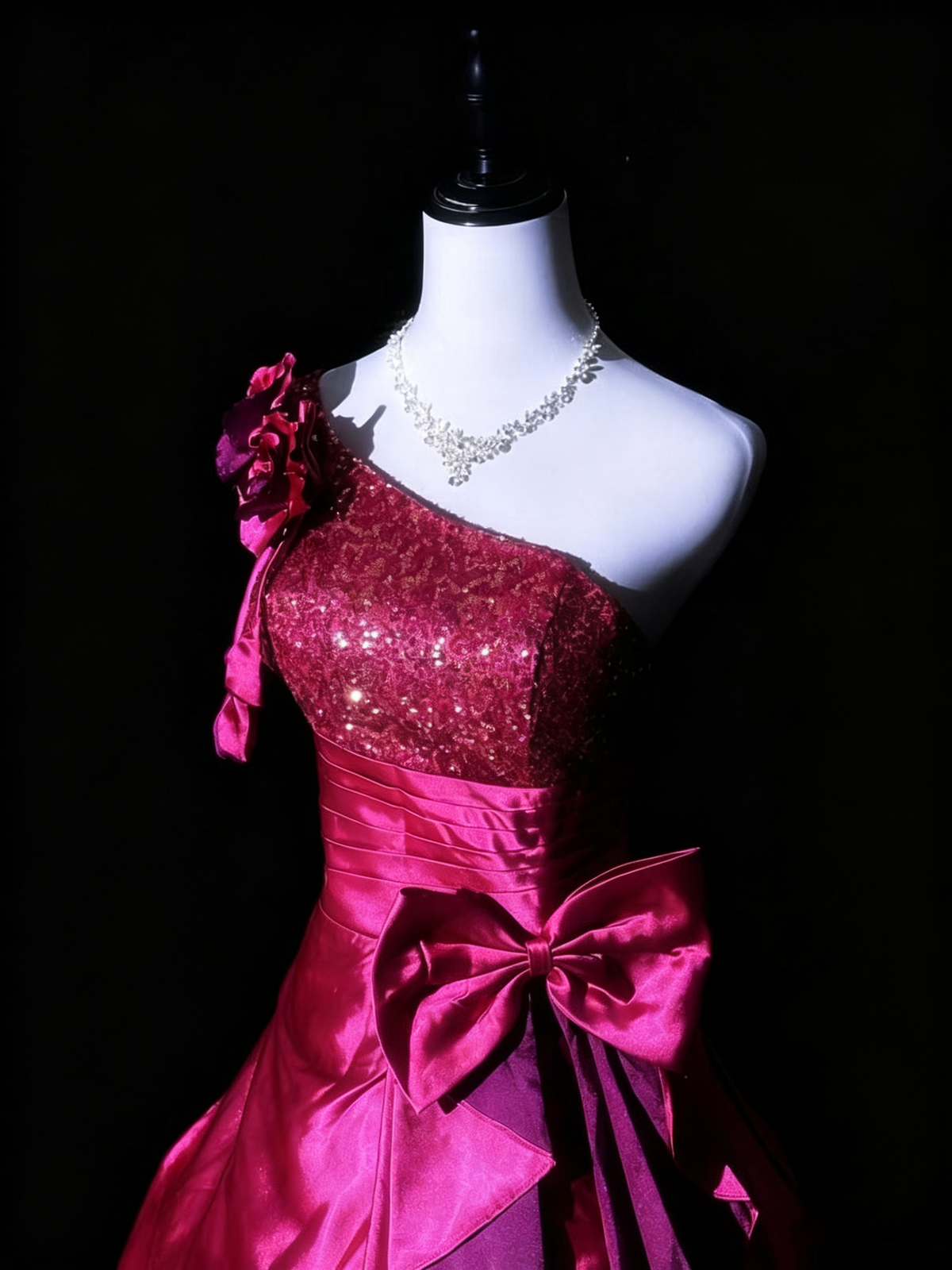 Chic One Shoulder Satin Sequin Floral A Line Short Prom Dress,Hot Pink Mini Homecoming Dress SP3563