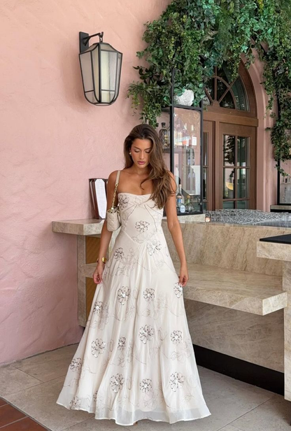 Elegant Spaghetti Straps Chiffon Sequin Flowers White Long Wedding Guest Dress Evening Gown SP789