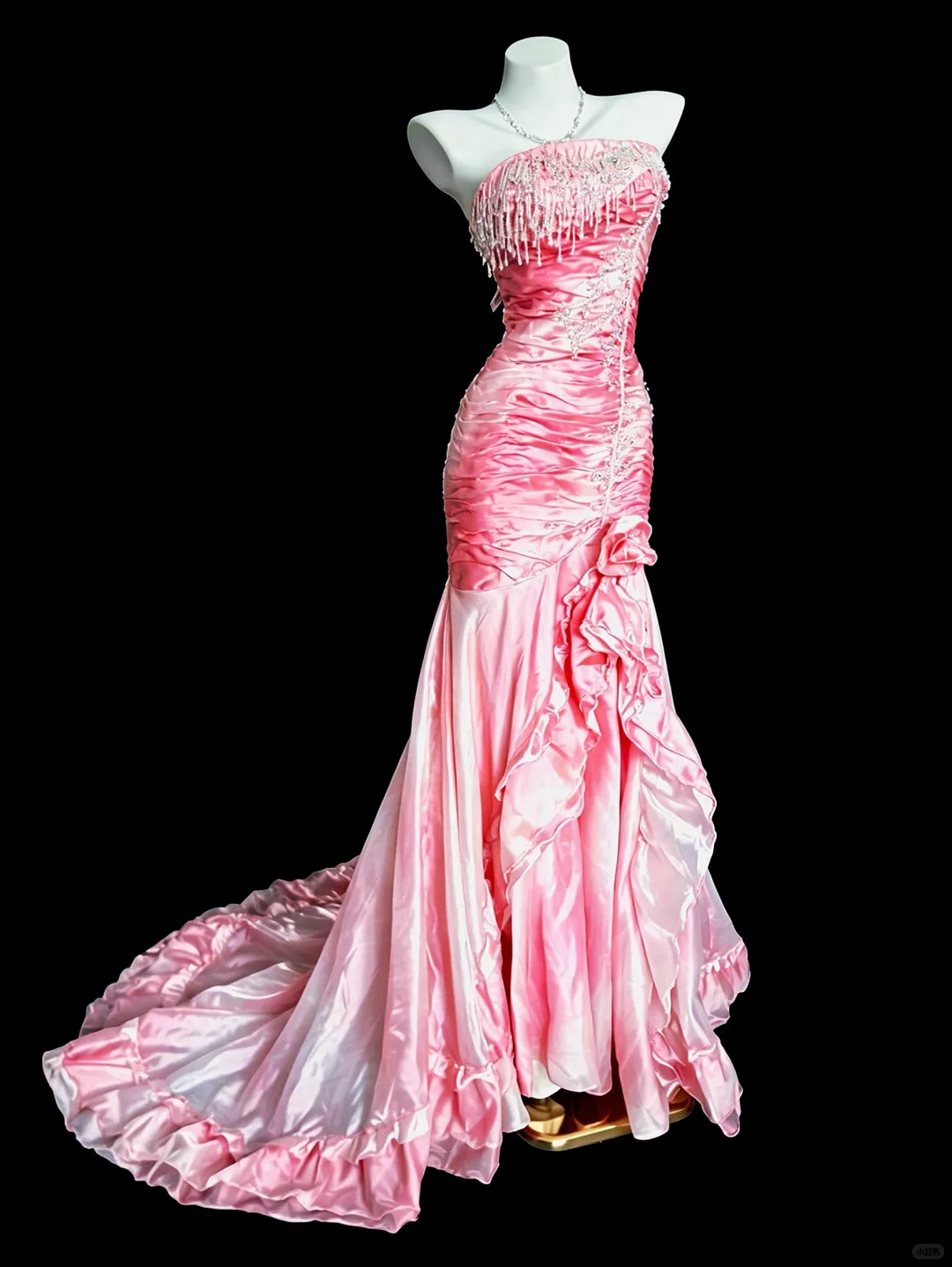 Dreamy Gradient Pink Strapless Satin Mermaid Formal Prom Gown, Crystal Fringe Trim Ruched Bodycon Ruffled Long Party Dress SP2738