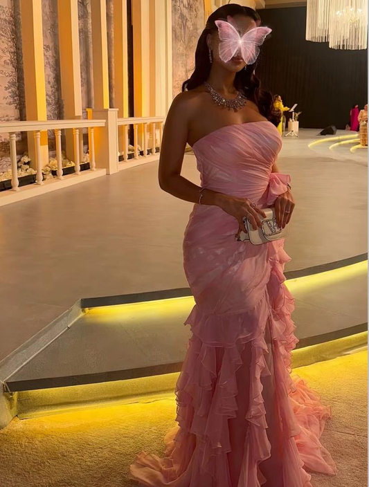 Charming Pink Strapless Chiffon Pleated Ruffles Mermaid Party Dress Long Birthday Prom Dress SP501