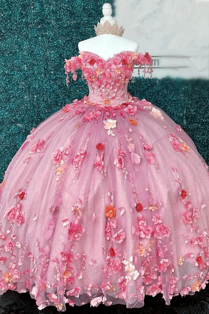 Off The Shoulder Ball Gown with 3D Flower Sweet 16 Quinceanera Gown Y2633