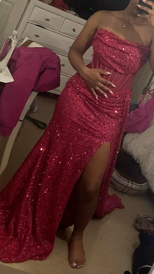Sparkly Strapless Pink Sequin Slit Mermaid Long Party Dress Prom Dress SP2951