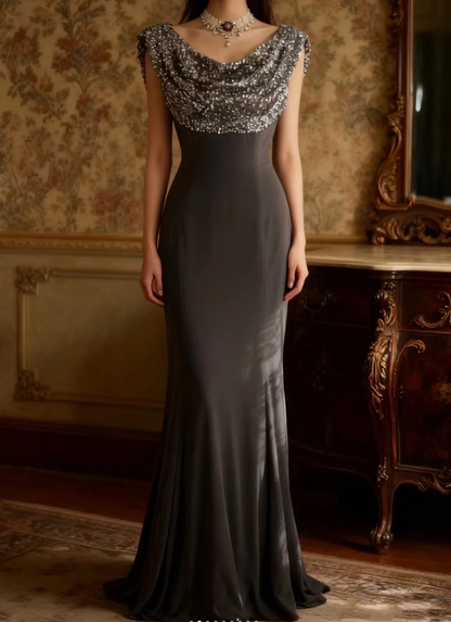 Retro Sleeveless Sequin Satin Mermaid Long Wedding Guest Dress Evening Gown SP1023